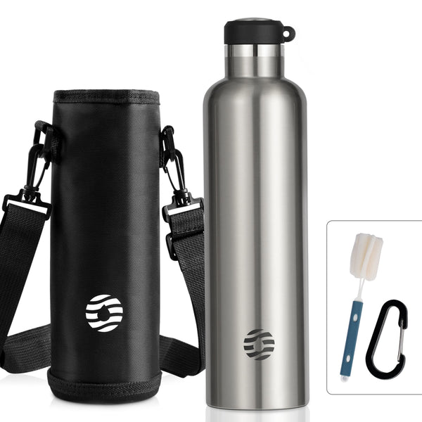 1000ml Thermoskanne Trinkflasche Edelstahl mit Karabiner, Kohlensäure geeignet Wasserflasche, Silber