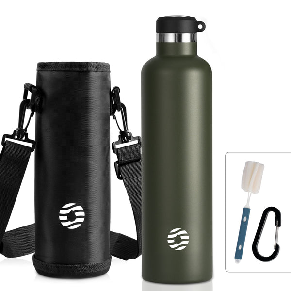 1000ml Thermoskanne Trinkflasche Edelstahl mit Karabiner, Kohlensäure geeignet Wasserflasche, Dunkelgrün