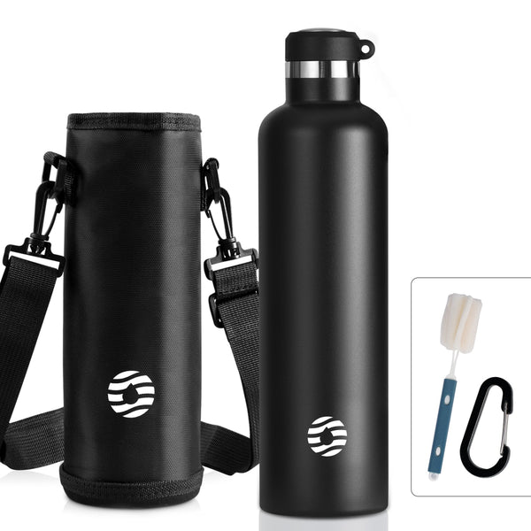 1000ml Thermoskanne Trinkflasche Edelstahl mit Karabiner, Kohlensäure geeignet Wasserflasche, Schwarz