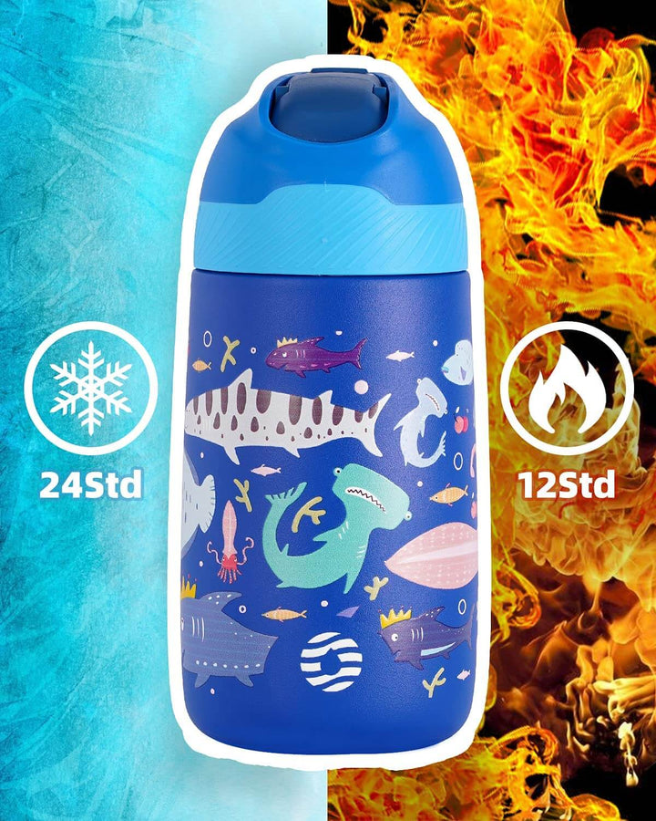 Kinder Edelstahl Trinkflasche 350ml mit Strohhalm & Becher bürste, Blauer Ozean - FJBottle