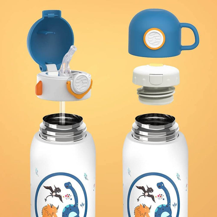 Vakuum Isolierte Trinkflasche für Kinder 600 ml, mit 2 Deckeln & Strohhalm- Weiß