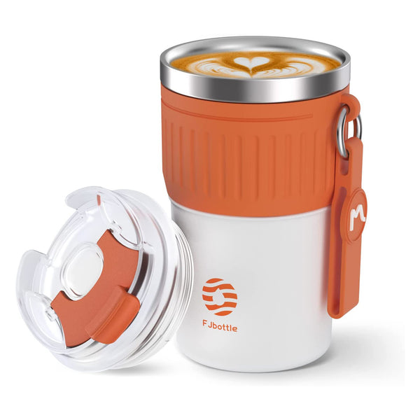 FJbottle 400ml Edelstahl Kaffeebecher, Weiß und Orange