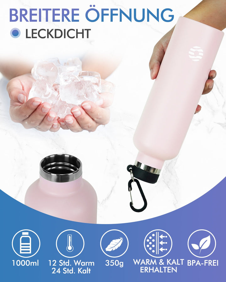 750ml Thermoskanne Trinkflasche Edelstahl mit Karabiner, Kohlensäure geeignet Wasserflasche