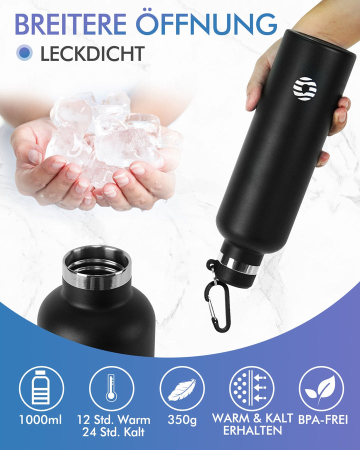 750ml Thermoskanne Trinkflasche Edelstahl mit Karabiner, Kohlensäure geeignet Wasserflasche