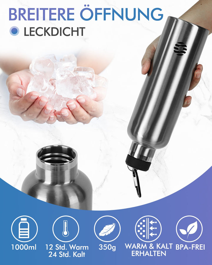 750ml Thermoskanne Trinkflasche Edelstahl mit Karabiner, Kohlensäure geeignet Wasserflasche