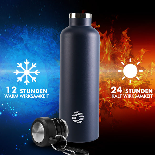 750ml Thermoskanne Trinkflasche Edelstahl mit Karabiner, Kohlensäure geeignet Wasserflasche