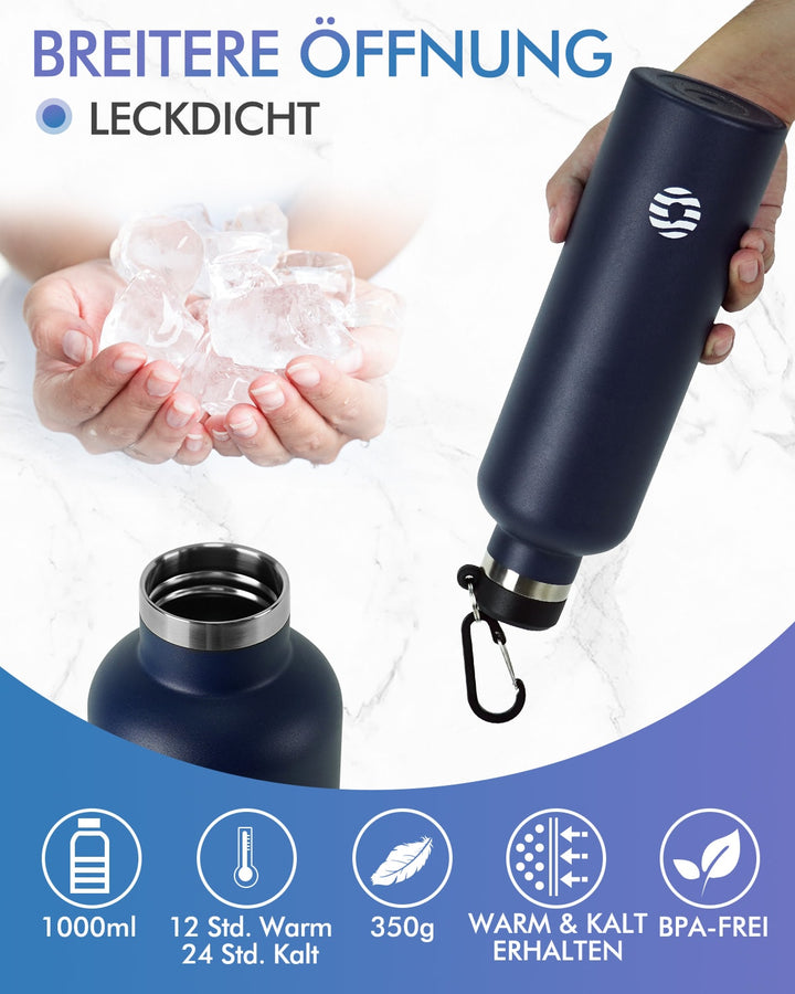 750ml Thermoskanne Trinkflasche Edelstahl mit Karabiner, Kohlensäure geeignet Wasserflasche
