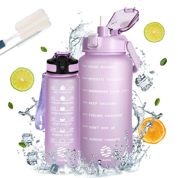 2000ml+800ml Sport Plastik Trinkflasche mit Zeitmarkierungen Wasserflasche mit Strohhalm FJbottle, Rosa