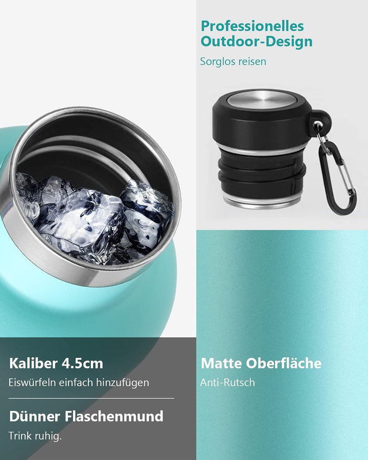 1000ml Thermoskanne Trinkflasche Edelstahl mit Karabiner, Kohlensäure geeignet Wasserflasche