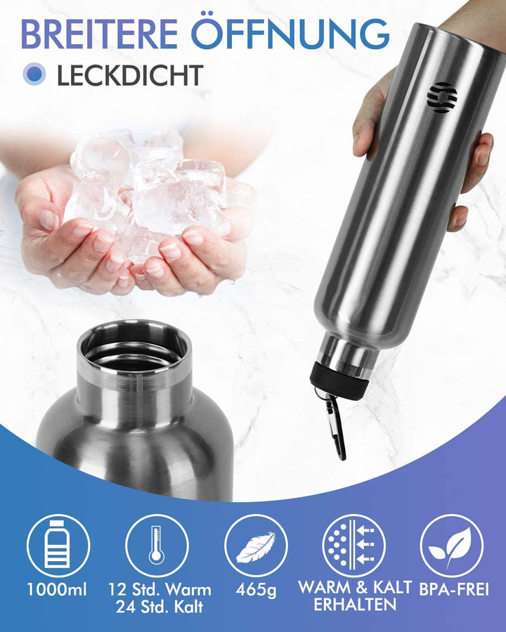1000ml Thermoskanne Trinkflasche Edelstahl mit Karabiner, Kohlensäure geeignet Wasserflasche