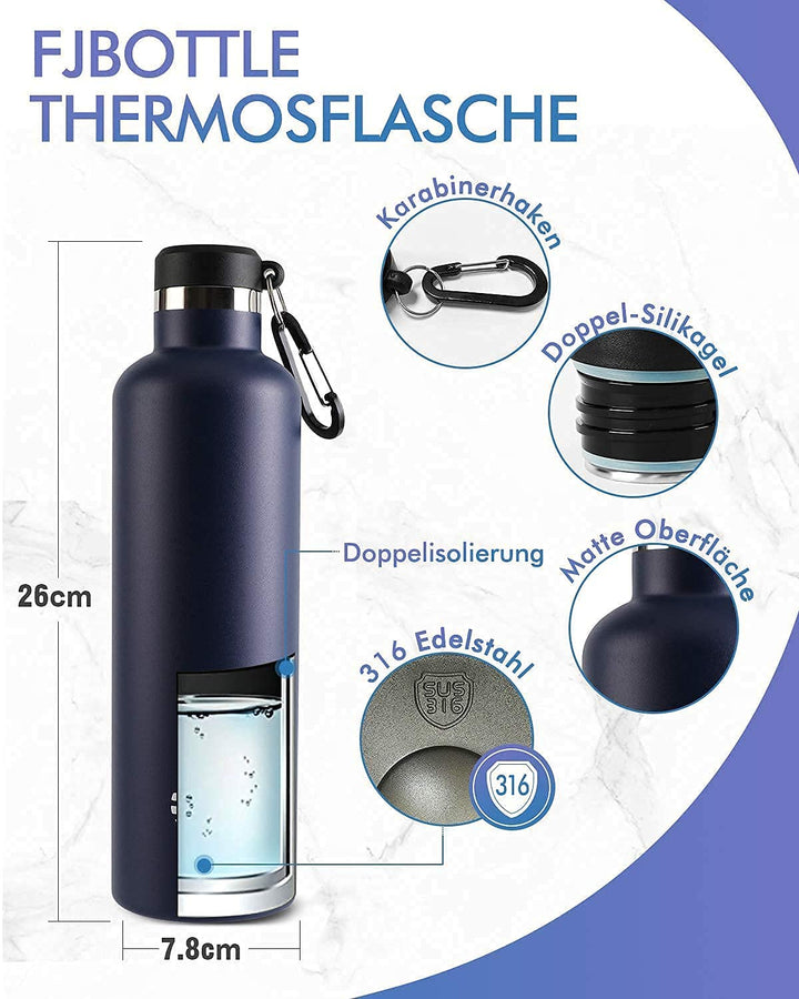 750ml Thermoskanne Trinkflasche Edelstahl mit Karabiner, Kohlensäure geeignet Wasserflasche