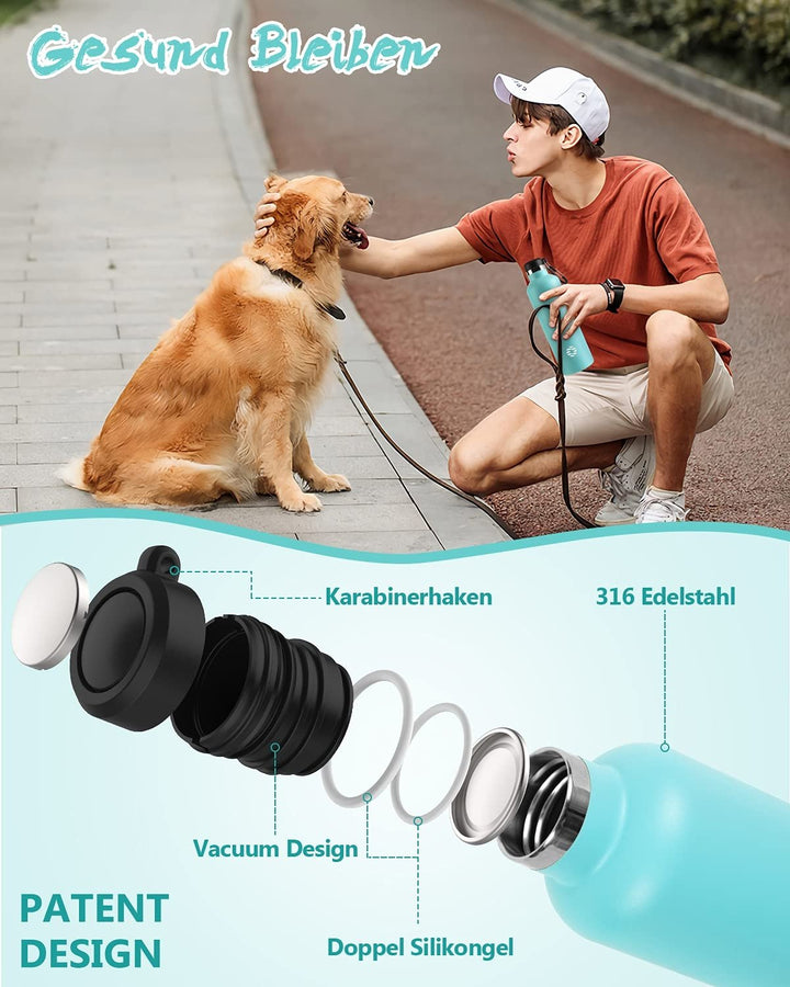 750ml Thermoskanne Trinkflasche Edelstahl mit Karabiner, Kohlensäure geeignet Wasserflasche