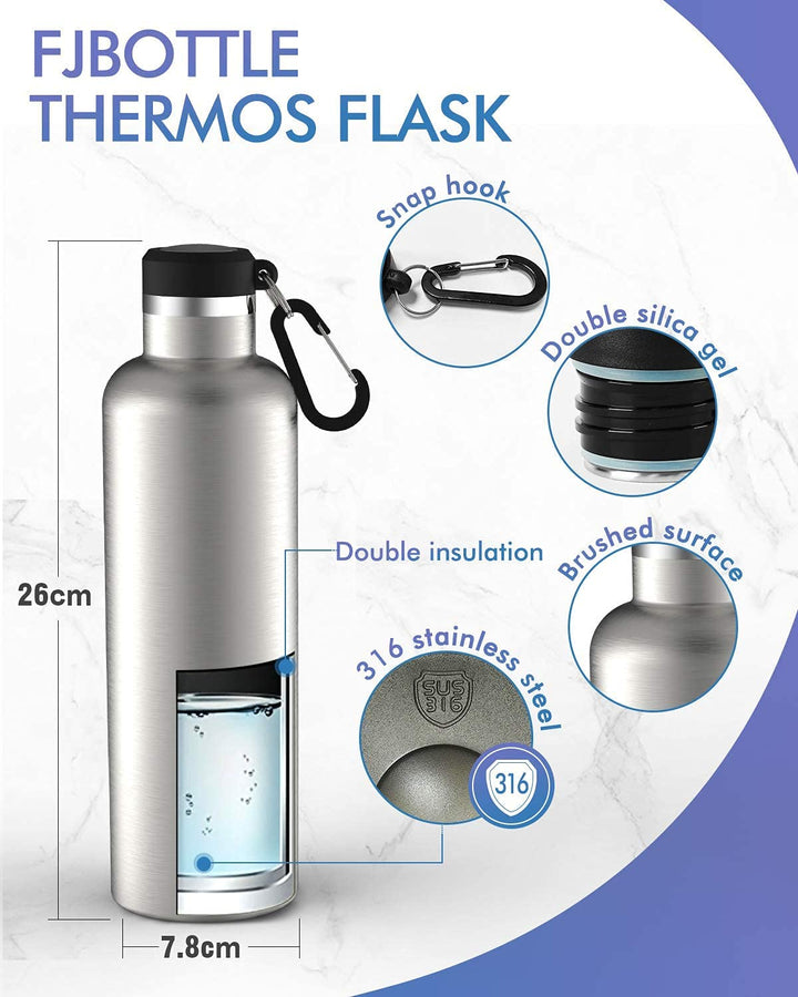 750ml Thermoskanne Trinkflasche Edelstahl mit Karabiner, Kohlensäure geeignet Wasserflasche