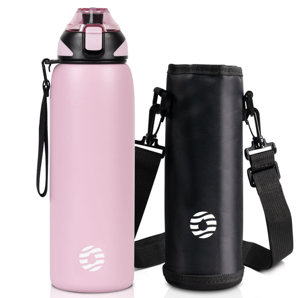 1000ml Edelstahl Thermoskanne Wasserflasche mit Tragetasche, Kohlensäure geeignet Trinkflasche, Rosa