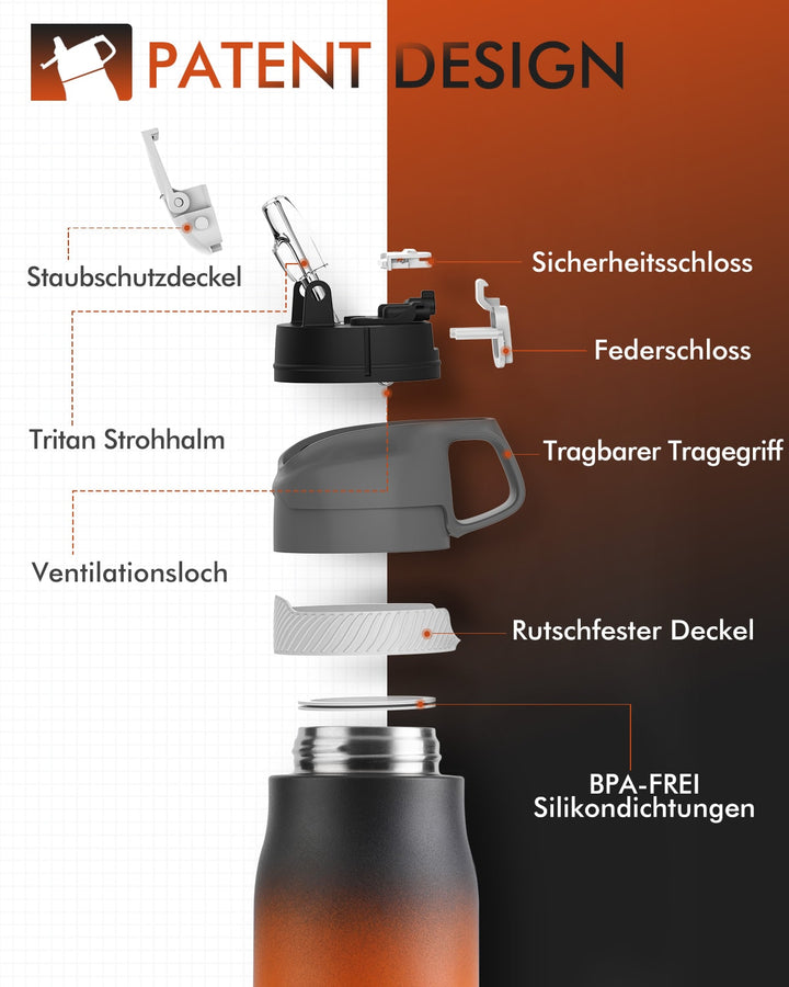 Isolierte Edelstahl Trinkflasche mit Strohhalm 710ml - Orange & schwarz - FJBottle