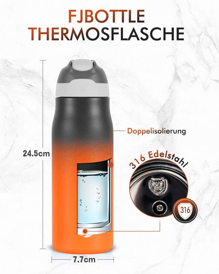 Isolierte Edelstahl Trinkflasche mit Strohhalm 710ml - Orange & schwarz - FJBottle
