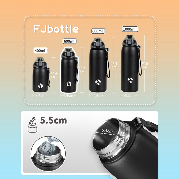 Bouteille d'eau isotherme en acier inoxydable de 600 ml avec sac de transport, bouteille de boisson gazeuse, noir