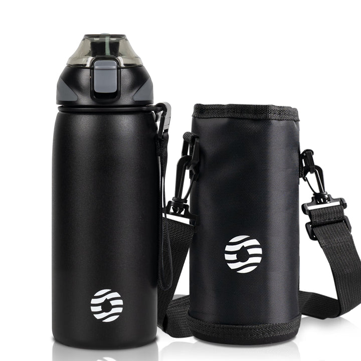 Bouteille d'eau isotherme en acier inoxydable de 600 ml avec sac de transport, bouteille de boisson gazeuse, noir