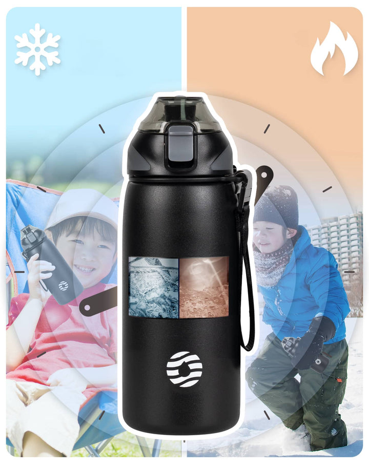 Bouteille d'eau isotherme en acier inoxydable de 600 ml avec sac de transport, bouteille de boisson gazeuse, noir