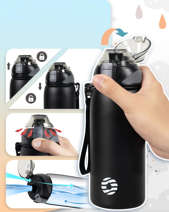 Bouteille d'eau isotherme en acier inoxydable de 600 ml avec sac de transport, bouteille de boisson gazeuse, noir