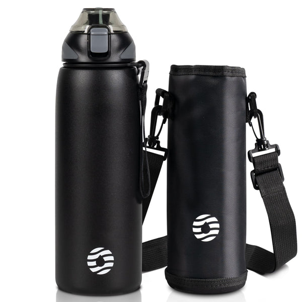 800ml Edelstahl Thermoskanne Wasserflasche mit Tragetasche, Kohlensäure geeignet Trinkflasche, Schwarz