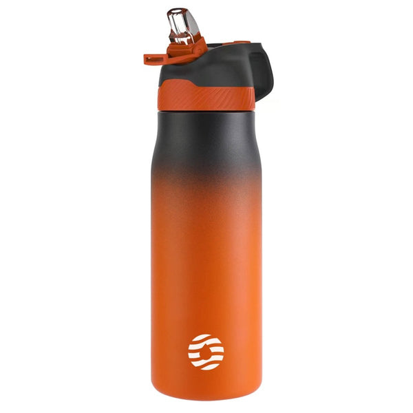 Isolierte Edelstahl Trinkflasche mit Strohhalm 710ml - Schwarz & Orange - FJBottle-German