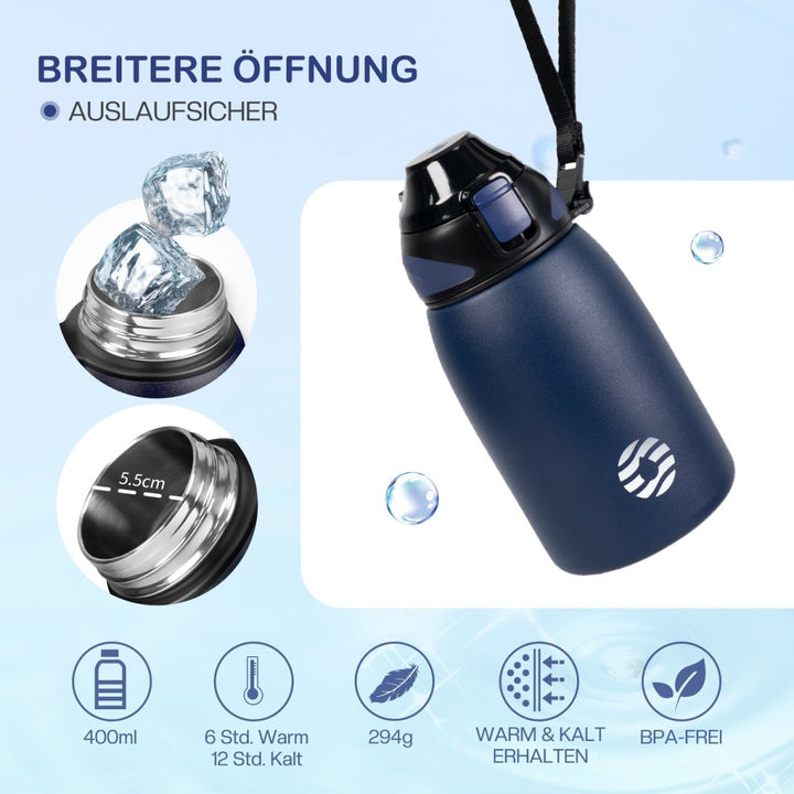 Isolierte Kinder Trinkflasche aus Edelstahl 400ml - Dunkelblau - FJBottle-German