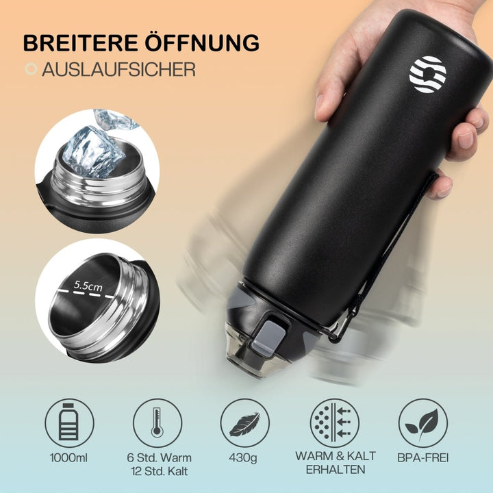 1000ml Edelstahl Thermoskanne Wasserflasche mit Tragetasche, Kohlensäure geeignet Trinkflasche