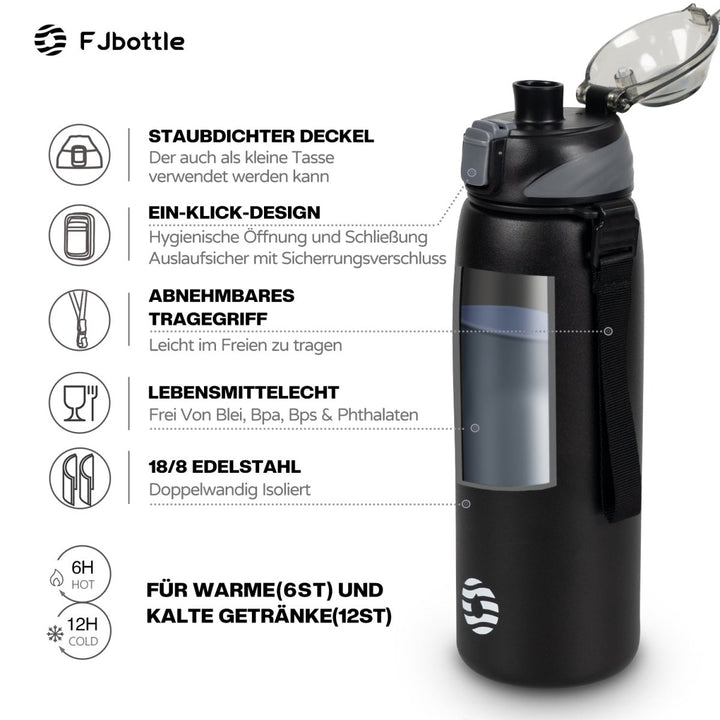 Isolierte Trinkflasche aus Edelstahl 1000ml - Schwarz - FJBottle-German