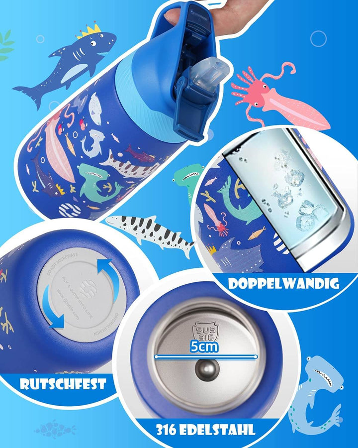 Kinder Edelstahl Trinkflasche 350ml mit Strohhalm & Becher bürste, Blauer Ozean - FJBottle