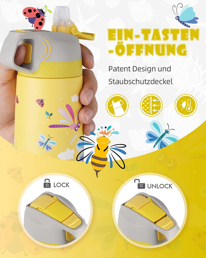 Kinder Edelstahl Trinkflasche 350ml mit Strohhalm & Becher bürste, Honigbiene - FJBottle