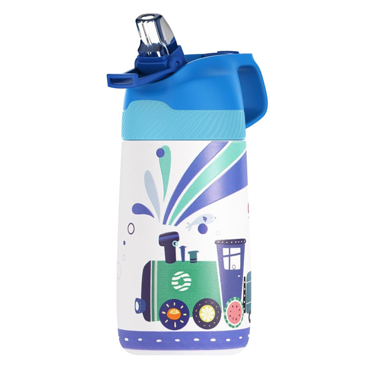 Kinder Edelstahl Trinkflasche 350ml mit Strohhalm & Becher bürste, Train - FJBottle-German