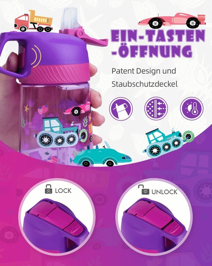 Kinder Tritan Trinkflasche mit Strohhalm 450ml, Lila Auto - FJBottle-German
