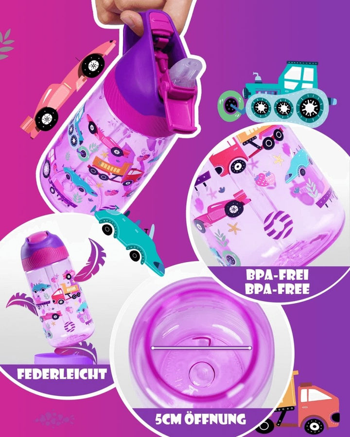 Kinder Tritan Trinkflasche mit Strohhalm 450ml, Lila Auto - FJBottle-German