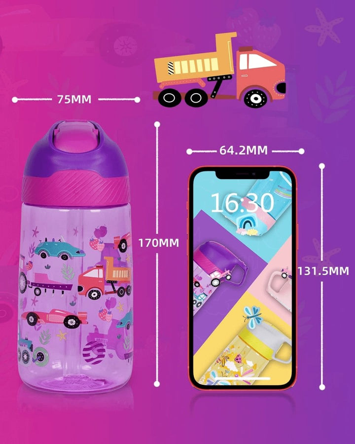 Kinder Tritan Trinkflasche mit Strohhalm 450ml, Lila Auto - FJBottle-German