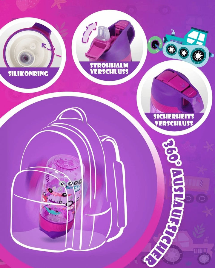 Kinder Tritan Trinkflasche mit Strohhalm 450ml, Lila Auto - FJBottle-German