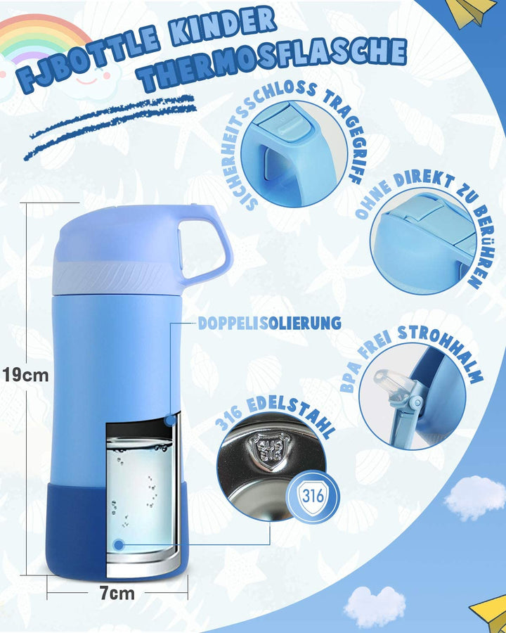 Vakuum Isolierte Trinkflasche für Kinder 400ml mit Strohhalm-blau - FJBottle