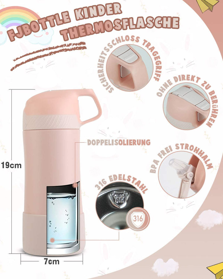 Vakuum Isolierte Trinkflasche für Kinder 400ml mit Strohhalm -pink - FJBottle