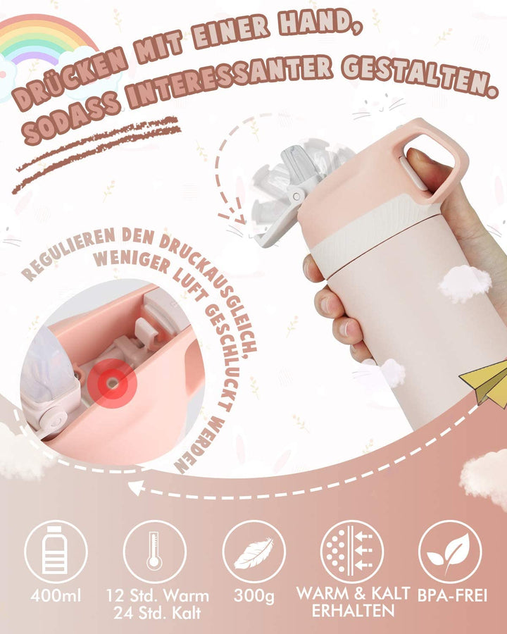 Vakuum Isolierte Trinkflasche für Kinder 400ml mit Strohhalm -pink - FJBottle