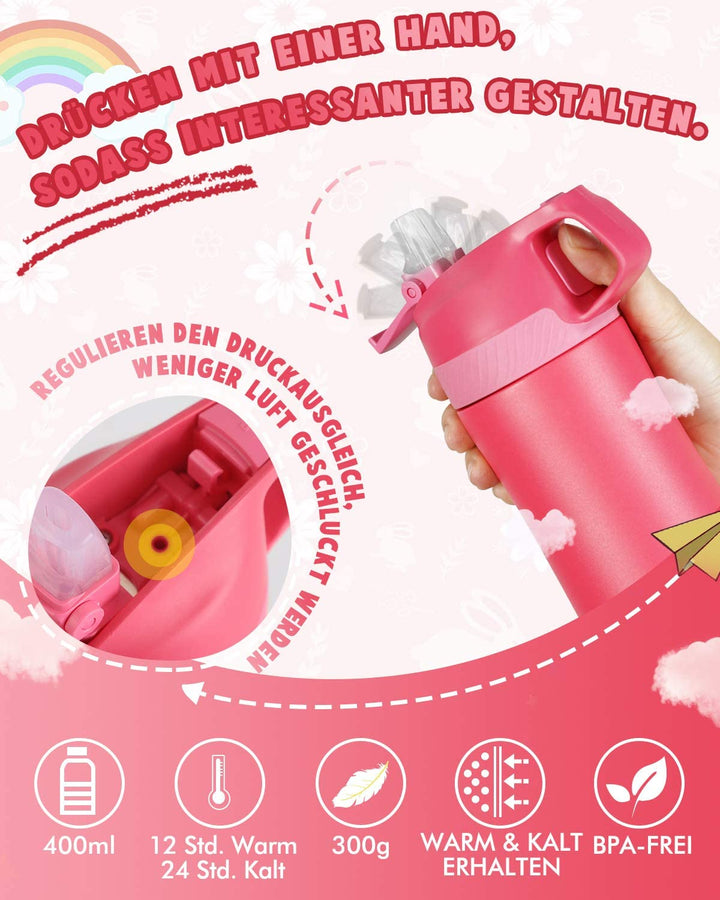 Vakuum Isolierte Trinkflasche für Kinder 400ml mit Strohhalm -rot - FJBottle