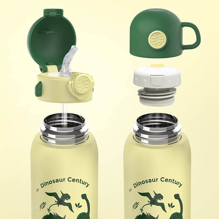 Vakuum Isolierte Trinkflasche für Kinder 600 ml, mit 2 Deckeln & Strohhalm- Gelb