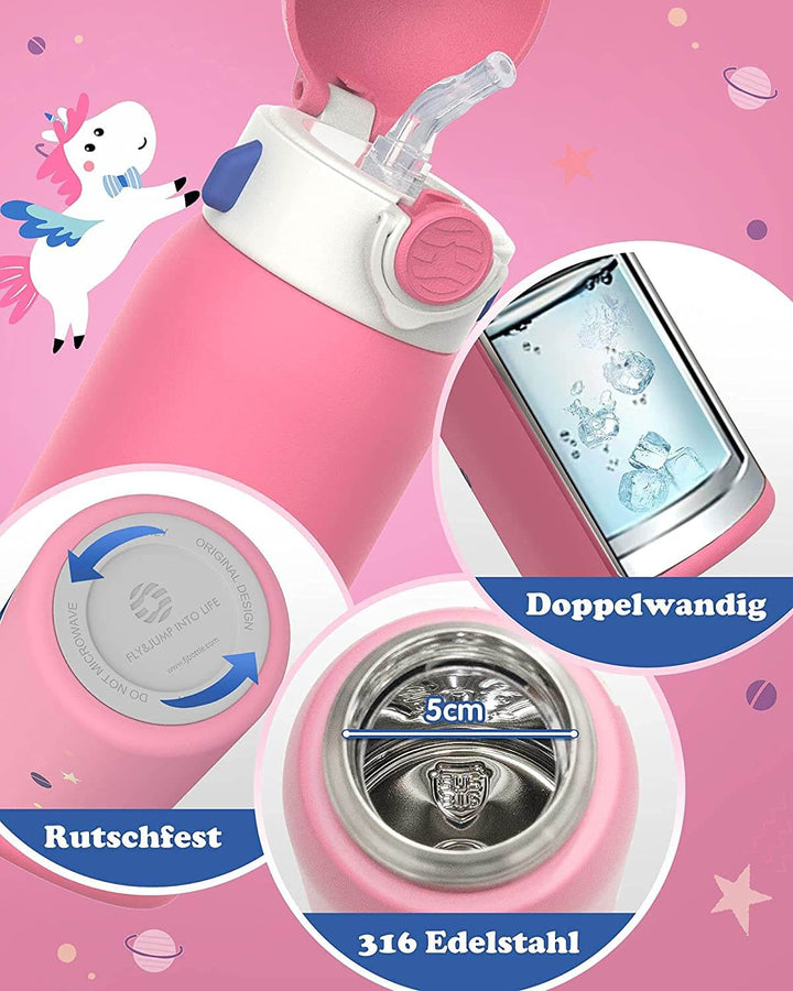 Vakuum Isolierte Trinkflasche für Kinder 600 ml, mit 2 Deckeln & Strohhalm- Rosa