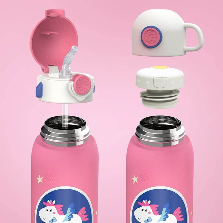 FJBottle Vakuum Isolierte Trinkflasche für Kinder 600 ml, mit 2 Deckeln & Strohhalm- Rosa